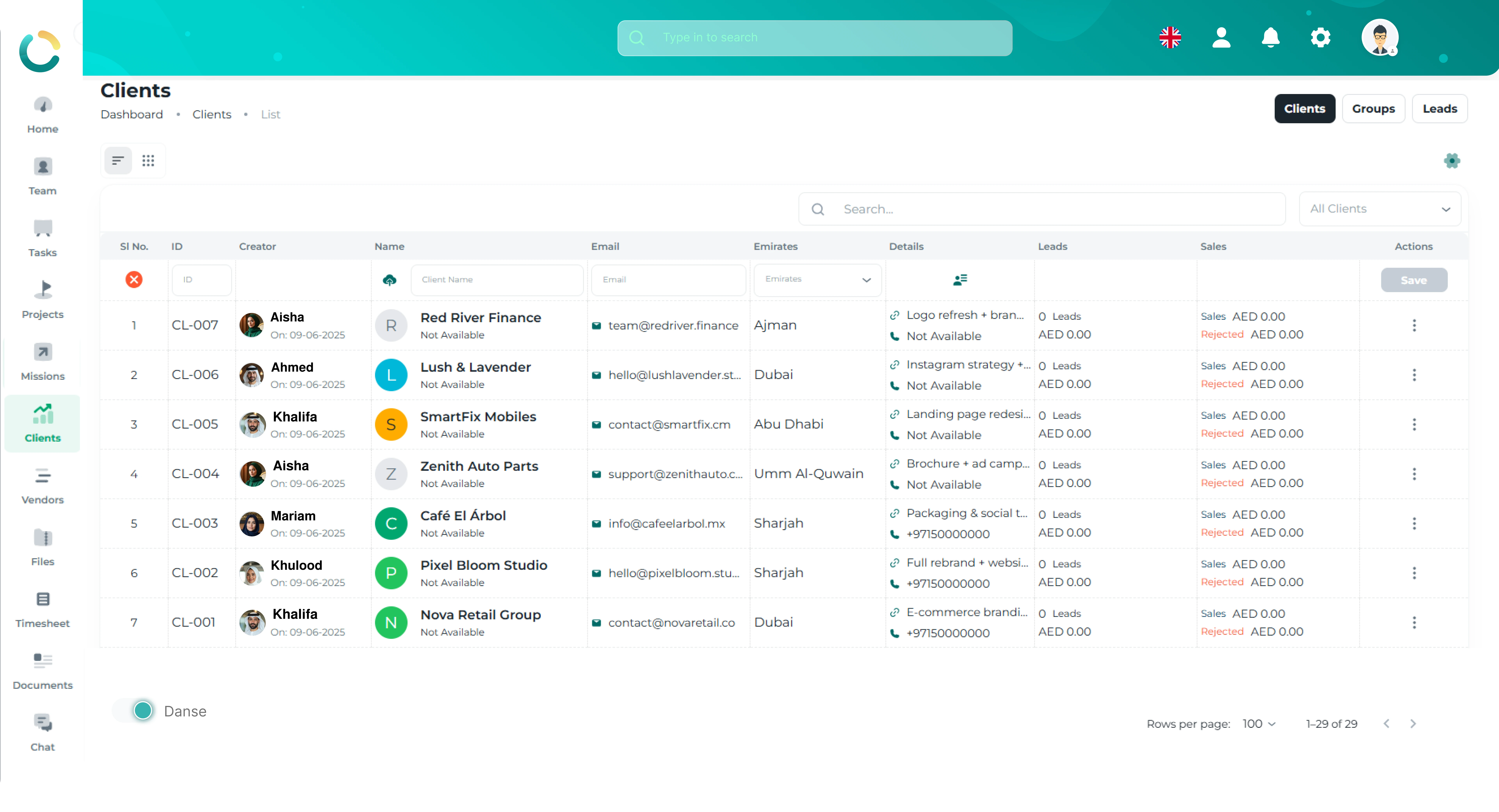 NOVOLOGS Client Management Dashboard